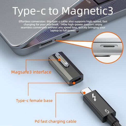140W USB-C to Magnetic 3 Adapter, PD3.1 Fast Charging 90° Side Bend Gray Zinc Alloy Converter Type-C to Mags 3 for Pro 16"/14" (2025-2021) Air 15"/13" (2025-2022), M1/M2/M3//M4/M5 Series in Kuwait