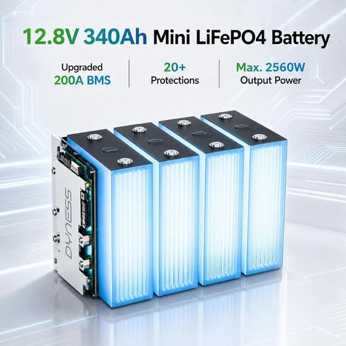 بطارية ليثيوم Dyness 12V 340Ah Mini LiFePO4، بحد أقصى. 4352 وات في الساعة، بطارية 200 أمبير مدمجة مع حماية من درجات الحرارة المنخفضة، عمر 10 سنوات، بطارية ذات دورة عميقة 12.8 فولت للتخييم في المركبات الترفيهية، النظام الشمسي المنزلي، خارج الشبكة (عبوة من  in Kuwait