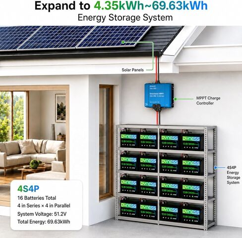 بطارية ليثيوم Dyness 12V 340Ah Mini LiFePO4، بحد أقصى. 4352 وات في الساعة، بطارية 200 أمبير مدمجة مع حماية من درجات الحرارة المنخفضة، عمر 10 سنوات، بطارية ذات دورة عميقة 12.8 فولت للتخييم في المركبات الترفيهية، النظام الشمسي المنزلي، خارج الشبكة (عبوة من  in Kuwait