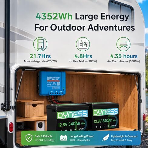 بطارية ليثيوم Dyness 12V 340Ah Mini LiFePO4، بحد أقصى. 4352 وات في الساعة، بطارية 200 أمبير مدمجة مع حماية من درجات الحرارة المنخفضة، عمر 10 سنوات، بطارية ذات دورة عميقة 12.8 فولت للتخييم في المركبات الترفيهية، النظام الشمسي المنزلي، خارج الشبكة (عبوة من  in Kuwait