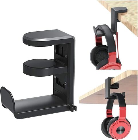 Rotating Headphone Stand Gaming Headset Stand with 360 Degree Swivel&Cable Clip Organizer, Headphone Hanger Hook Under Desk Adjustable Clamp-on Headphone Holder(Black) in Kuwait