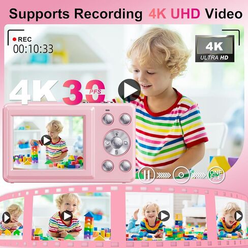 كاميرا رقمية مزدوجة الشاشة للأطفال بدقة 4K بدقة 48 ميجابكسل مع التركيز التلقائي وتكبير 16X، وبطارية داخلية، وبطاقة SD سعة 64 جيجابايت متضمنة | كاميرا سيلفي محمولة للأطفال المراهقين، كاميرات مدونات الفيديو المبتدئة in Kuwait