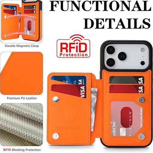 حافظة GUERNICA لهاتف iPhone 17 Pro (6.3 بوصة) مع حامل بطاقة، حماية جلدية تمنع RFID، حافظة هاتف مضادة للصدمات للنساء والرجال لهاتف Apple 17 Pro، برتقالي in Kuwait