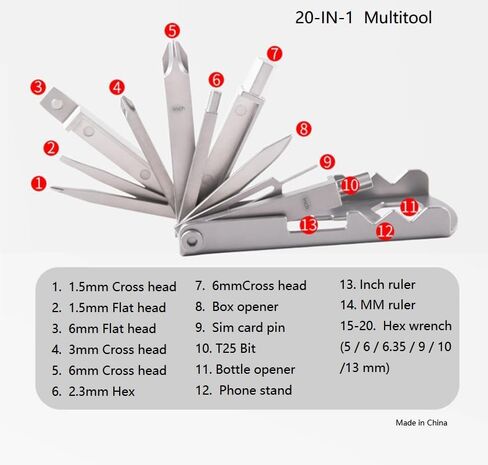 20-in-1 Multitool Card, Stainless Steel, Pocket Size, with Screwdrivers, Bottle Opener, Phone Stand, Hex Wrench, Rulers, SIM Card Pin in Kuwait