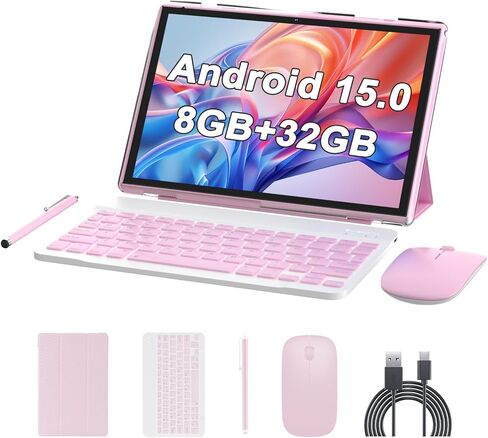 تابلت 10 بوصة يعمل بنظام Android 15 مع قلم لوحة مفاتيح، وذاكرة وصول عشوائي 8 جيجابايت 2 في 1، يتضمن ماوس وحافظة واقية، وبطارية 6000 مللي أمبير في الساعة، وواي فاي 6، وكاميرا مزدوجة، وذاكرة وصول عشوائي 32 جيجابايت، ومجموعة كمبيوتر لوحي - أجهزة لوحية مع حاف in Kuwait