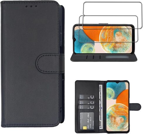 Compatible with for Samsung Galaxy A21 Wallet Case [2 Pack] Tempered Glass Screen Protector, Leather Flip Credit Card Holder Stand Phone Cover (Black, for Galaxy A21) in Kuwait