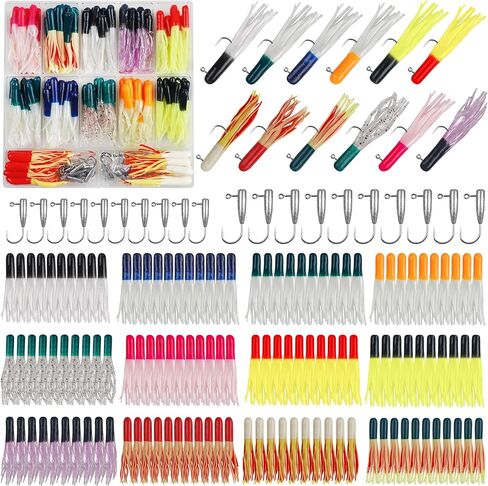 Crappie Jigs Kit with Tube Baits, 140pcs Soft Plastic Lures for Bass Fishing Tube Baits(12 Colors) & 20 Tube Jig Heads for Panfish & Trout Fishing in Kuwait
