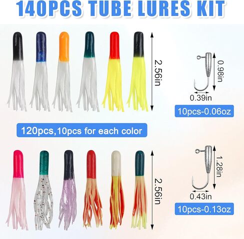 Crappie Jigs Kit with Tube Baits, 140pcs Soft Plastic Lures for Bass Fishing Tube Baits(12 Colors) & 20 Tube Jig Heads for Panfish & Trout Fishing in Kuwait