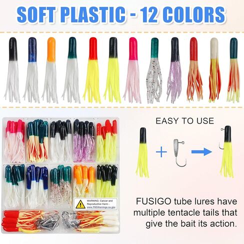 Crappie Jigs Kit with Tube Baits, 140pcs Soft Plastic Lures for Bass Fishing Tube Baits(12 Colors) & 20 Tube Jig Heads for Panfish & Trout Fishing in Kuwait