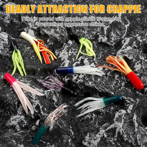 Crappie Jigs Kit with Tube Baits, 140pcs Soft Plastic Lures for Bass Fishing Tube Baits(12 Colors) & 20 Tube Jig Heads for Panfish & Trout Fishing in Kuwait