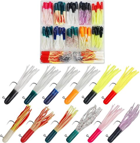 Crappie Jigs Kit with Tube Baits, 140pcs Soft Plastic Lures for Bass Fishing Tube Baits(12 Colors) & 20 Tube Jig Heads for Panfish & Trout Fishing in Kuwait