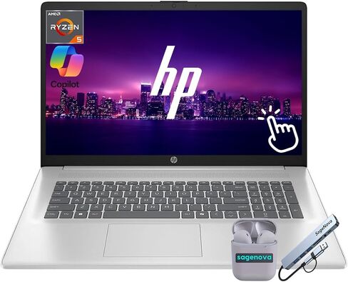 كمبيوتر محمول HP بشاشة تعمل باللمس مقاس 17.3 بوصة، وذاكرة وصول عشوائي 16 جيجابايت وتخزين 1 تيرابايت (512 جيجابايت SSD + مجموعة قاعدة إرساء 512 جيجابايت)، AMD Ryzen 5 7430U (حتى 4.3 جيجا هرتز)، Windows 11، لوحة مفاتيح رقمية، سماعات SageNova، فضي in Kuwait