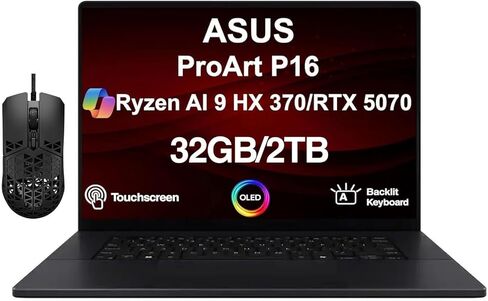 كمبيوتر محمول ASUS ProArt P16 Creator بشاشة لمس 16.0 بوصة 3K 120 هرتز OLED Lumina (AMD Ryzen AI 9 HX 370، 32 جيجابايت LPDDR5X، 2 تيرابايت SSD، GeForce RTX 5070، لوحة مفاتيح بإضاءة خلفية، WiFi 7، Win 11 Pro) مع ماوس ASUS TUF in Kuwait