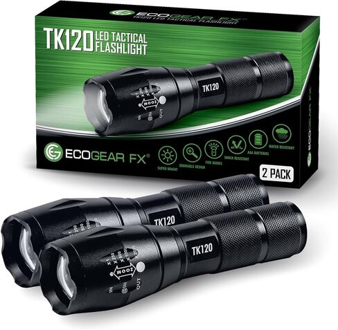 مصابيح يدوية EcoGear FX LED - مصابيح يدوية للتخييم صغيرة ذات لومن عالي، 5 أوضاع إضاءة، شعاع قابل للتكبير - ضوء فلاش تكتيكي ساطع للمنزل الخارجي والطوارئ [عبوة من قطعتين] in Kuwait