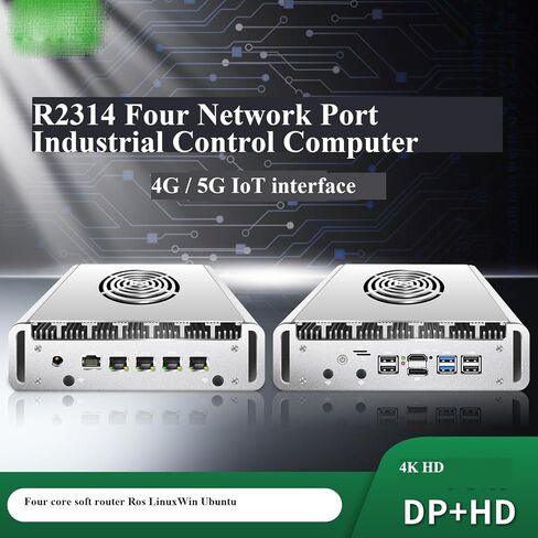 Industrial PC Ryzen R2314 Processor, NO RAM NO SSD, Firewall Mini PC with 4-Port 2.5GbE Network, HD+DP Display, ROS Soft Routing/Linux IoT Gateway/AI Edge Computing Terminal/Embedded 4G/5G in Kuwait