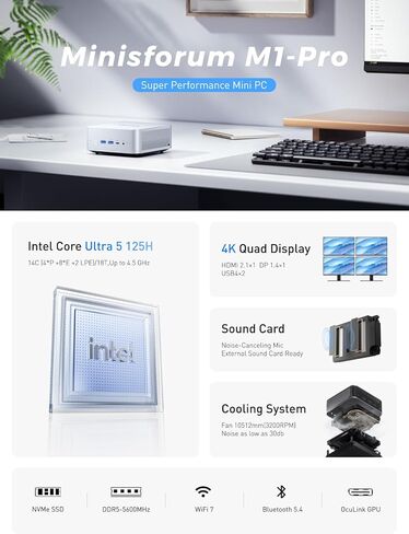 كمبيوتر MINIFORUM AI Mini PC M1 Pro-125H مع معالج Intel Core Ultra 5 125H (14C/18T، حتى 4.5 جيجاهرتز)، 32 جيجابايت DDR5، 1 تيرابايت PCIe4.0 SSD، شاشة ثلاثية مع HDMI 2.1/USB4/DP، 5X منافذ USB، WiFi 7، BT5.4 in Kuwait