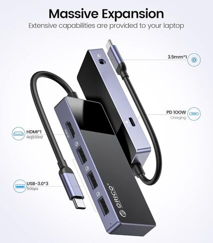 USB C Hub, ORICO 6 in 1 MacBook Docking Station Multiport Adapter Multiport Adapter with PD 100W，HDMI 4K@30Hz，USB-A3.0×3，3.5mm Audio×1 Compatible for Dell/Surface/HP/Lenovo Laptops in Kuwait