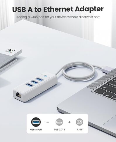 USB Hub Ethernet، 4 منافذ USB 3.0، محول USB-A إلى Gigabit Ethernet مع 3 محاور USB 3.0 لأجهزة الكمبيوتر المحمول، USB Hub 3.0 مع RJ45 10/100/1000 جيجابت in Kuwait
