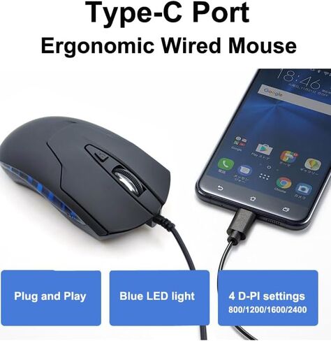 ماوس USB-C سلكي، 6 أزرار، ماوس كمبيوتر هادئ، سرعات 2400 D-PI، كابل مريح من النوع C بطول 1.5 متر/4.9 قدم، ضوء أزرق، متوافق مع أجهزة Mac، والكمبيوتر المحمول، وسطح المكتب، والهاتف، وChromebook، والسطح، والكمبيوتر اللوحي، والألعاب in Kuwait