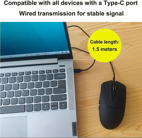 ماوس USB-C سلكي، 6 أزرار، ماوس كمبيوتر هادئ، سرعات 2400 D-PI، كابل مريح من النوع C بطول 1.5 متر/4.9 قدم، ضوء أزرق، متوافق مع أجهزة Mac، والكمبيوتر المحمول، وسطح المكتب، والهاتف، وChromebook، والسطح، والكمبيوتر اللوحي، والألعاب in Kuwait