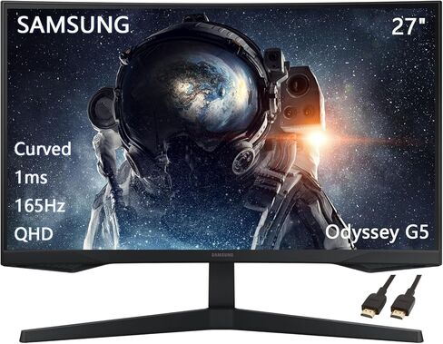 شاشة سامسونج أوديسي G55C مقاس 27 بوصة QHD 1000R منحنية للألعاب، 165 هرتز، 1 مللي ثانية، HDR10، AMD Radeon FreeSync، العناية بالعين، أسود، مع كابل HDMI in Kuwait