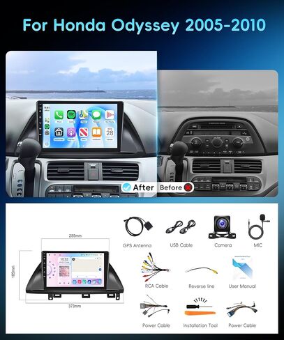 8 Core 6G+128G Android 15 Car Stereo for Honda Odyssey 2005-2010, Wireless Carplay Android Auto, 10.1'' Touch Screen with GPS/Bluetooth 5.0/FM RDS/DSP/5G-WiFi 360° Panoramic View Backup Camera SWC in Kuwait
