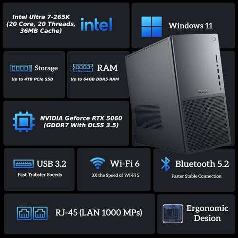 كمبيوتر مكتبي للأعمال Dell EBT1250 Tower Plus - Intel Ultra 7-265K، (20 نواة، 20 خيط)، ذاكرة وصول عشوائي DDR5 سعة 64 جيجابايت، محرك أقراص PCIe SSD سعة 8 تيرابايت + محرك أقراص ثابتة سعة 2 تيرابايت ومحرك أقراص SSD محمول سعة 512 جيجابايت، دعم شاشة 4K، قارئ ب in Kuwait