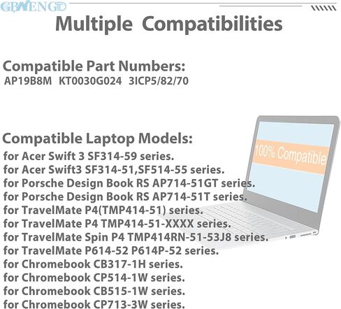 استبدال بطارية AP19B8M لجهاز Acer Swift 3 SF314-59 Porsche Design Book RS AP714-51GT TravelMate P4(TMP414-51) Spin P4 TMP414RN P614-52 Chromebook CB317-1H Series 11.61V 55.97Wh 4821mAh in Kuwait