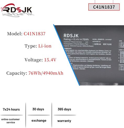 C41N1837 Laptop Battery for Asus ROG Zephyrus GA502DU GA502GU GA502IV GU502DU GU502GU GU502GW GU502GV GU502LV GU502LW GU502LU GU532GU GU532GV GX502GV GX502GW GX532GV GX532GW 0B200-03380100 15.4V 76Wh in Kuwait