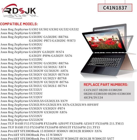 C41N1837 Laptop Battery for Asus ROG Zephyrus GA502DU GA502GU GA502IV GU502DU GU502GU GU502GW GU502GV GU502LV GU502LW GU502LU GU532GU GU532GV GX502GV GX502GW GX532GV GX532GW 0B200-03380100 15.4V 76Wh in Kuwait