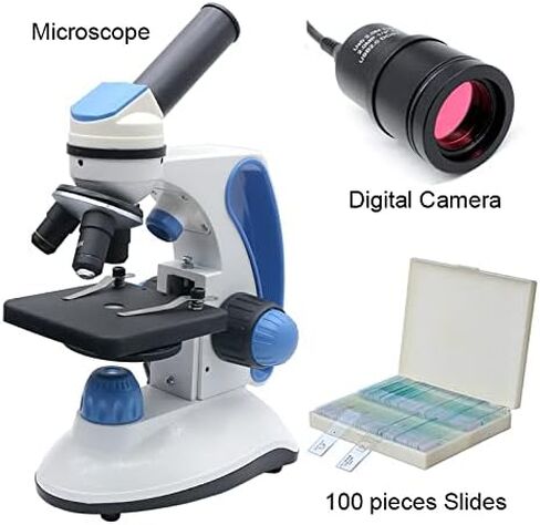 مجموعة ملحقات المجهر 40X-2000X مجهر بيولوجي للطلاب، كاميرا USB 2.0 ميجابكسل، مجهر رقمي LED، 100 قطعة من شرائح المجهر المجهزة، كاميرا مجهر in Kuwait