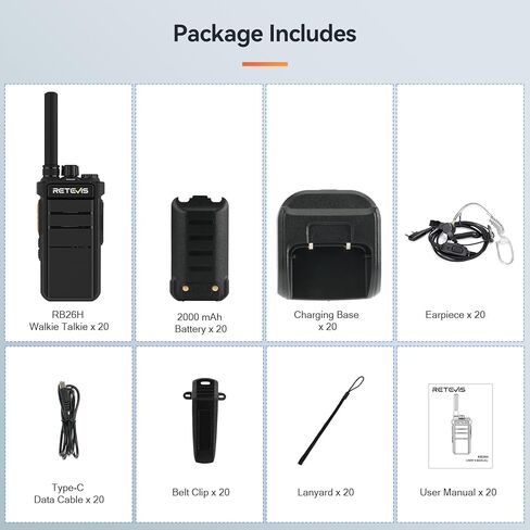 Retevis RB26H Walkie Talkies Bulk Size with Earpiece,Business Two-Way Radios Long Range,21-Hours Rechargeable,Hidden Display,NOAA,USB-C,GMRS Repeater Capable,2 Way Radio for Warehouse Retail(20 Pack) in Kuwait