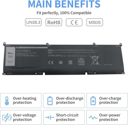69KF2 86Wh Laptop Battery Replacement for Dell XPS 15 9500 9510 9520 Precision 5550 5560 5570 Alienware M15 R3 R4 R5 R6 R7 M17 R3 R4 G15 5510 5520 Inspiron 7510 7610 11.4V 7167mAh in Kuwait