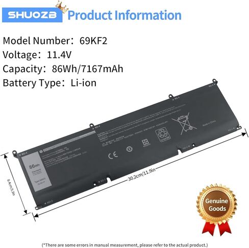 69KF2 86Wh Laptop Battery Replacement for Dell XPS 15 9500 9510 9520 Precision 5550 5560 5570 Alienware M15 R3 R4 R5 R6 R7 M17 R3 R4 G15 5510 5520 Inspiron 7510 7610 11.4V 7167mAh in Kuwait