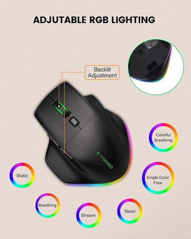 XUANGUI ماوس لاسلكي بلوتوث مريح Fio3 قابل لإعادة الشحن مع إضاءة RGB، فئران كمبيوتر مريحة ثلاثية الوضع لاسلكية مع DPI قابل للتعديل ومعدل الاقتراع، ماوس USB بدون استخدام مع مسند الإبهام in Kuwait