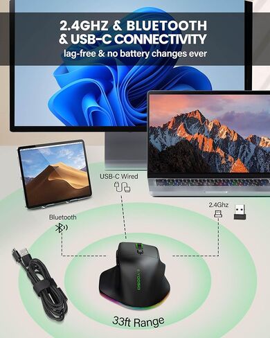 XUANGUI ماوس لاسلكي بلوتوث مريح Fio3 قابل لإعادة الشحن مع إضاءة RGB، فئران كمبيوتر مريحة ثلاثية الوضع لاسلكية مع DPI قابل للتعديل ومعدل الاقتراع، ماوس USB بدون استخدام مع مسند الإبهام in Kuwait