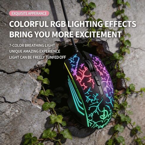 【 Switchable Mouse Light & Mute - USB 】 Gaming Laptop Optical Wired Mouse, RGB Lighting Effect, Adjustable Four Level Optical Sensor, DPI up to 6400, Suitable for Windows 7/8/10/XP Vista Linux System in Kuwait