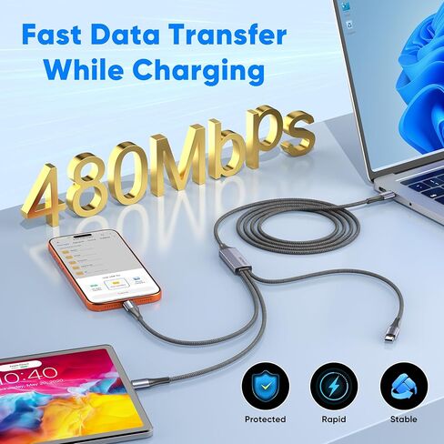 كابل شحن متعدد USB C إلى USB C 3 في 1 بطول 5 أقدام، كابل شحن سريع 100 وات USB-C مع 3 منافذ من النوع C لسلسلة iPhone 17/16/15، وSamsung Galaxy S25، وiPad، وMacBook Air/Pro، وLenovo in Kuwait