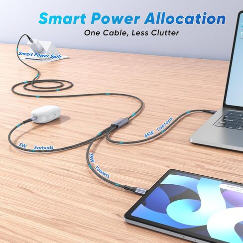 كابل شحن متعدد USB C إلى USB C 3 في 1 بطول 5 أقدام، كابل شحن سريع 100 وات USB-C مع 3 منافذ من النوع C لسلسلة iPhone 17/16/15، وSamsung Galaxy S25، وiPad، وMacBook Air/Pro، وLenovo in Kuwait