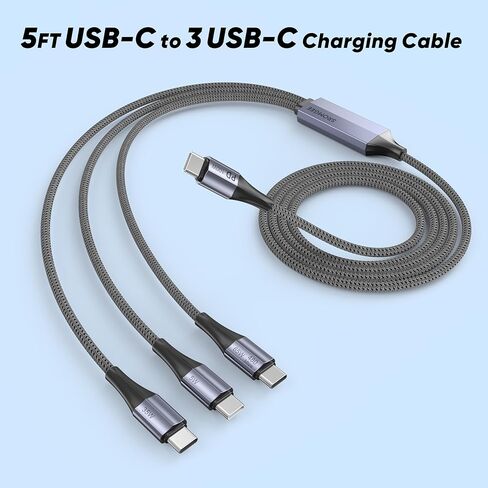 كابل شحن متعدد USB C إلى USB C 3 في 1 بطول 5 أقدام، كابل شحن سريع 100 وات USB-C مع 3 منافذ من النوع C لسلسلة iPhone 17/16/15، وSamsung Galaxy S25، وiPad، وMacBook Air/Pro، وLenovo in Kuwait