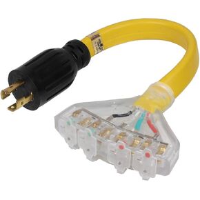 كابل محول 1.5FT L14-30P إلى 4X Nema 5-20R، L14-30P 4-Prong 30 Amp قفل المكونات إلى أربعة سلك طاقة منزلي 15/20A أنثى عالي التحمل، AWG#10 4 موصلات كابل مسطح اللون الأصفر. in Kuwait