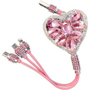 Multi Charging Cable, 3 in 1 Diamond Embedding Multi Charging Cable, Retractable Car Charger with Type-C/Lightning/Micro USB Connectors, Universal for Women Tablets & Phones (Pink) in Kuwait