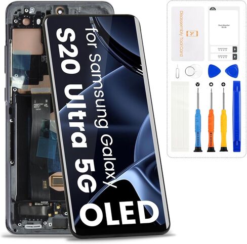 شاشة OLED بديلة لهاتف Samsung Galaxy S20 Ultra 5G لهاتف Samsung S20 Ultra G988 LCD SM-G988U SM-G988U1 G9880 مجموعة شاشة لمس رقمية مع إطار، أسود in Kuwait