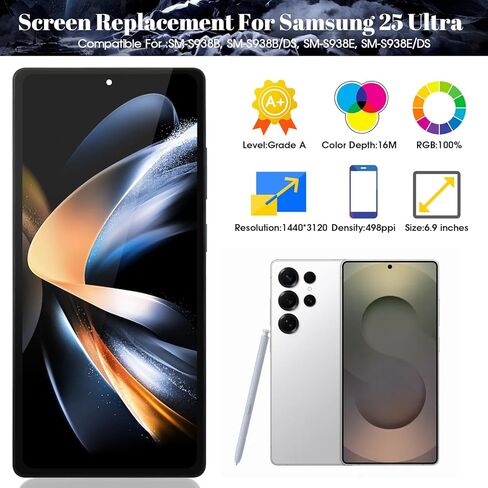 OLED لشاشة Samsung S25 Ultra البديلة لشاشة Samsung S25 Ultra LCD لـ SM-S938U SM-S938U1 مجموعة قطع غيار محول الأرقام لشاشة تعمل باللمس مع إطار (أسود، حجم صغير) in Kuwait