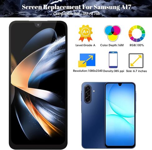 استبدال شاشة SRJTEK OLED لهاتف Samsung Galaxy A17 5G بإطار 6.7 بوصة - FHD+ مجموعة كاملة من محول الأرقام للشاشة (إطار أسود) تناسب SM-A176B/SM-A176B/DS + أدوات إصلاح احترافية كاملة in Kuwait