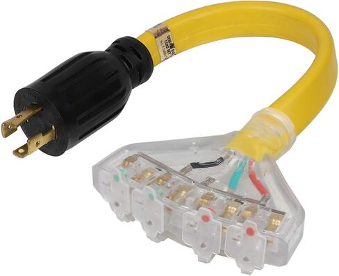 كابل محول 1.5FT L14-30P إلى 4X Nema 5-20R، L14-30P 4-Prong 30 Amp قفل المكونات إلى أربعة سلك طاقة منزلي 15/20A أنثى عالي التحمل، AWG#10 4 موصلات كابل مسطح اللون الأصفر. in Kuwait