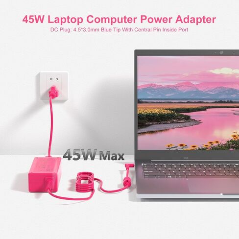 شاحن كمبيوتر محمول وردي 45 وات متوافق مع HP Pavilion X360، Stream 11 14، Spectre 741727-001،213349 001 009 109 وL25296 001 002 003،19.5V 2.31A Model 15 Computer 4.5mm Smart Blue Tip سلك الطاقة in Kuwait