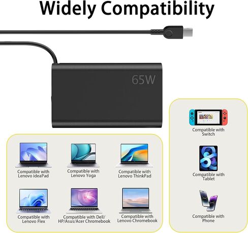شاحن كمبيوتر محمول USB C عالمي بقدرة 65 وات متوافق مع LenovoThinkpad/Yoga/Chromebook/ThinkBook محول طاقة سريع الشحن من النوع C in Kuwait