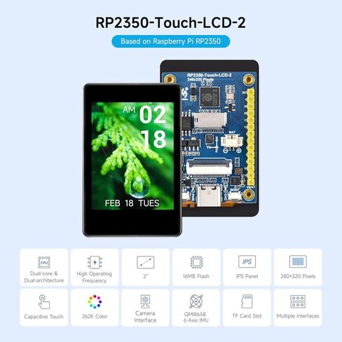 Waveshare RP2350 2inch Capacitive Touch Display Development Board,240×320 Pixels, IPS Panel, 262K Color, Onboard Camera Interface in Kuwait