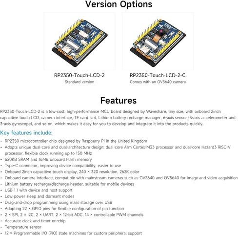 Waveshare RP2350 2inch Capacitive Touch Display Development Board,240×320 Pixels, IPS Panel, 262K Color, Onboard Camera Interface in Kuwait